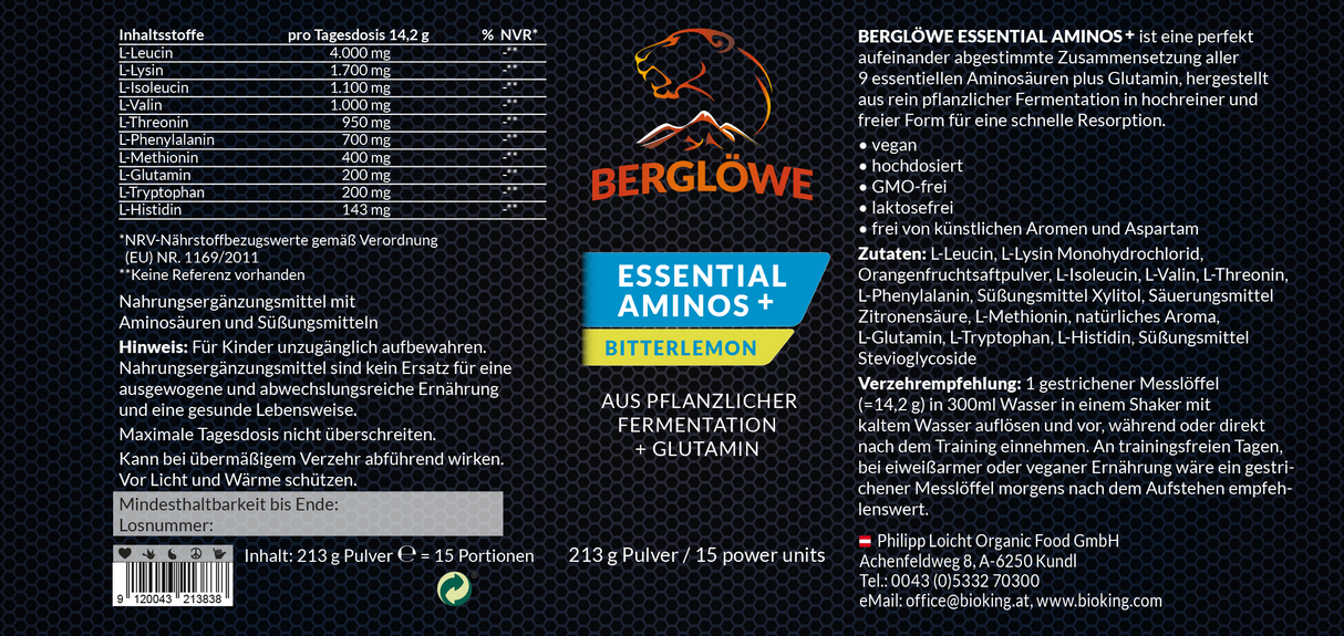 Berglöwe 213g ESSENTIAL AMINOS + Glutamin - VORTEILSPAKET, 2 PLUS 1 Shaker GRATIS