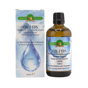 GreenKing CDL / CDS Chlordioxid-Fertiglösung ≤ 0,3 % zur Desinfektion von Trinkwasser in 100 ml Braunglasflasche und Faltschachtel