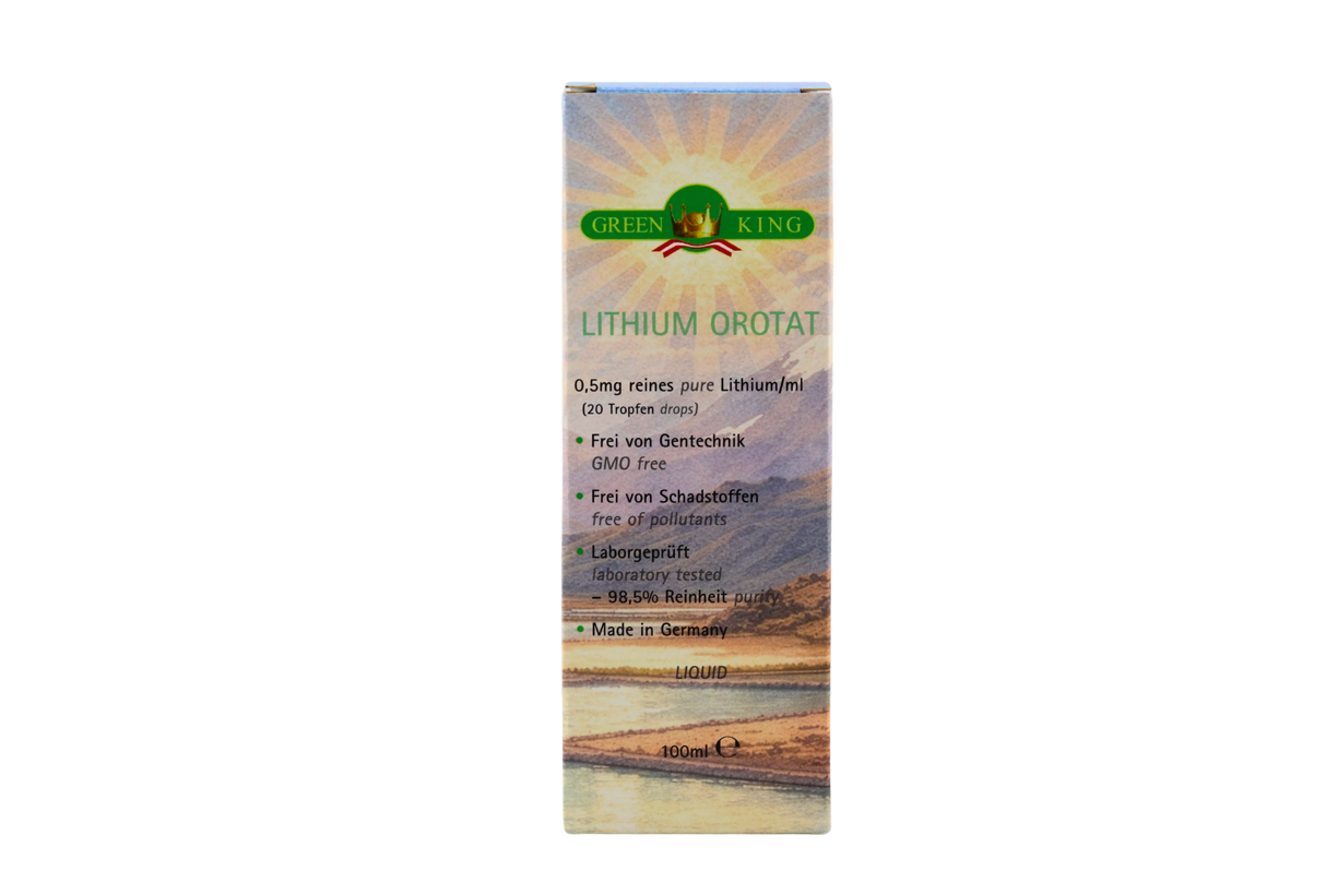 Greenking Lithium Orotat Liquid 100ml – Verpackung Vorderseite – 0,5mg reines Lithium/ml, laborgeprüft, 98,5% Reinheit, GMO-frei, schadstoffrei, Made in Germany