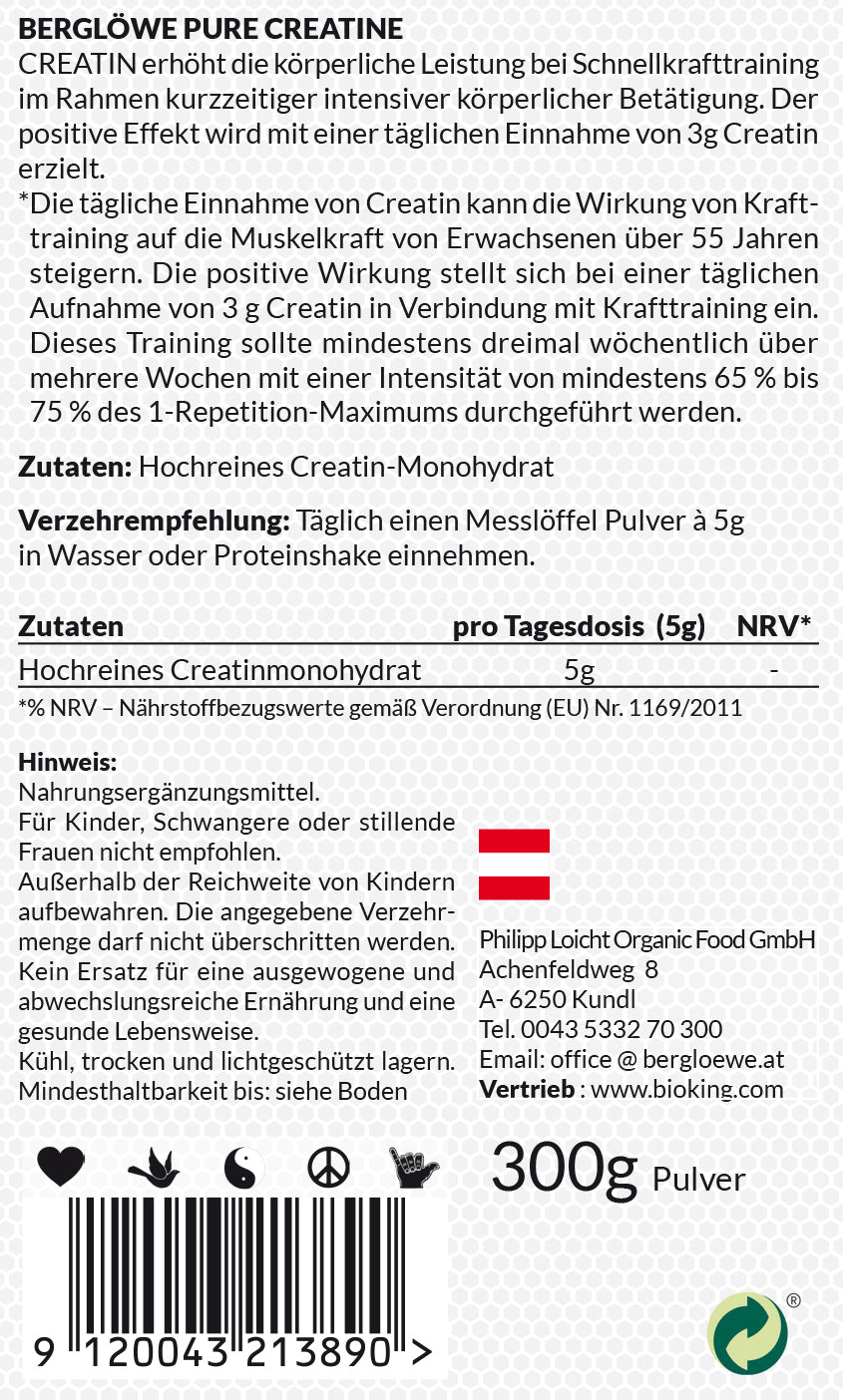 Pure Creatine von Berglöwe, Pulver zur Nahrungsergänzung