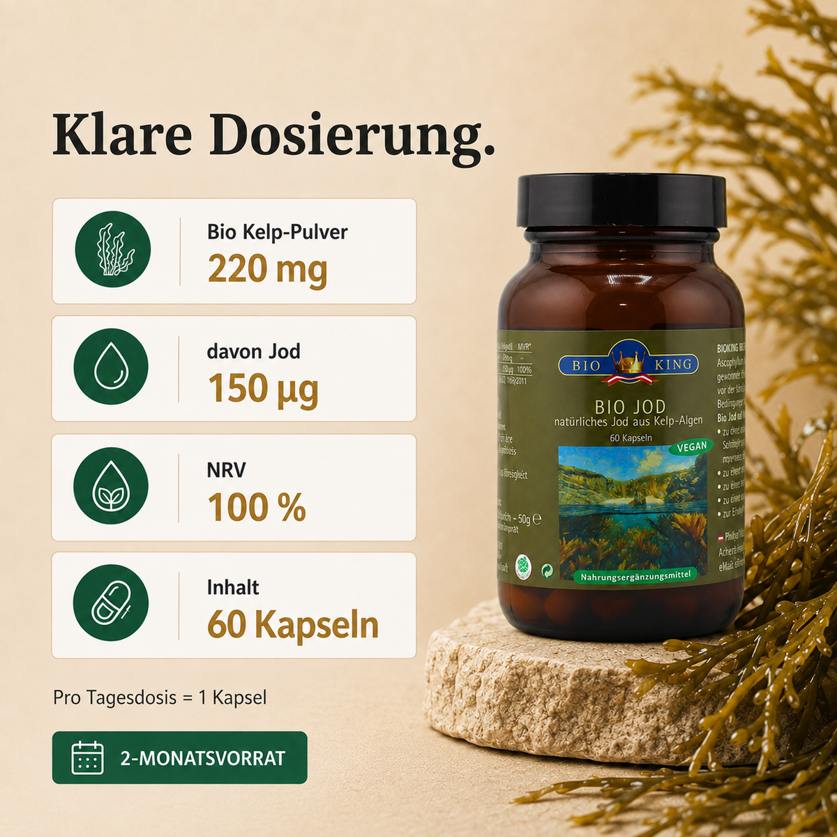 Dosierung Bio Jod – 220 mg Kelp-Pulver mit 150 µg Jod, 60 Kapseln