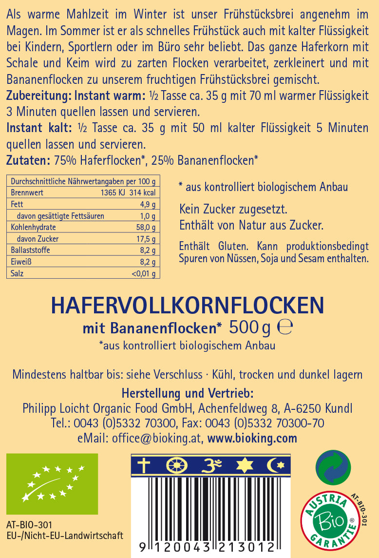 Bio Frühstücksbrei, Porridge Banane